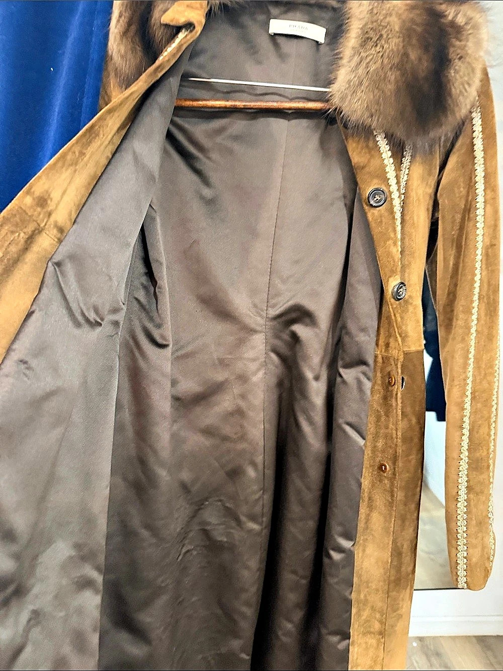 Prada Brown Leather Fur-Collar Coat Size 38 Like New 🧥🤎 vintage Y2K - Picture 10 of 16